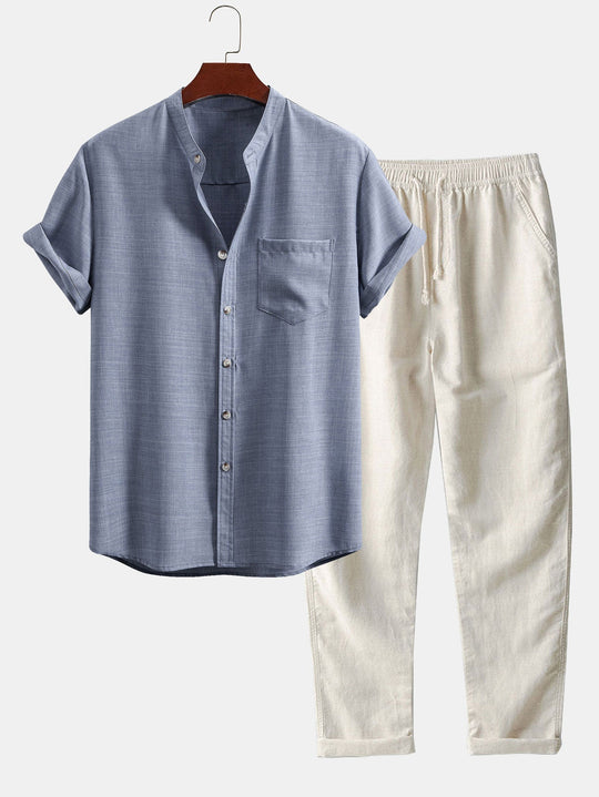 Oliver | Short Sleeve Stand Collar Shirt & Straight Leg Linen Pants