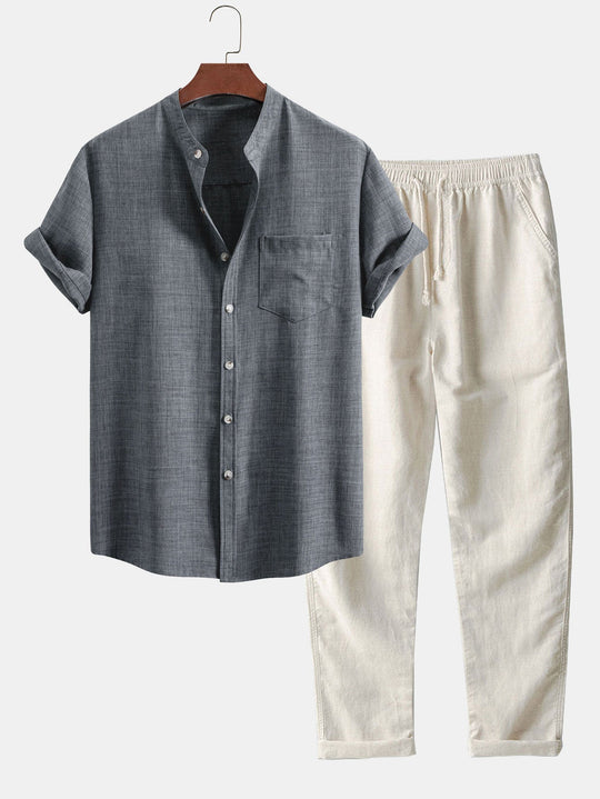 Oliver | Short Sleeve Stand Collar Shirt & Straight Leg Linen Pants