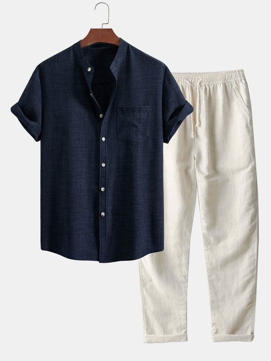 Oliver | Short Sleeve Stand Collar Shirt & Straight Leg Linen Pants